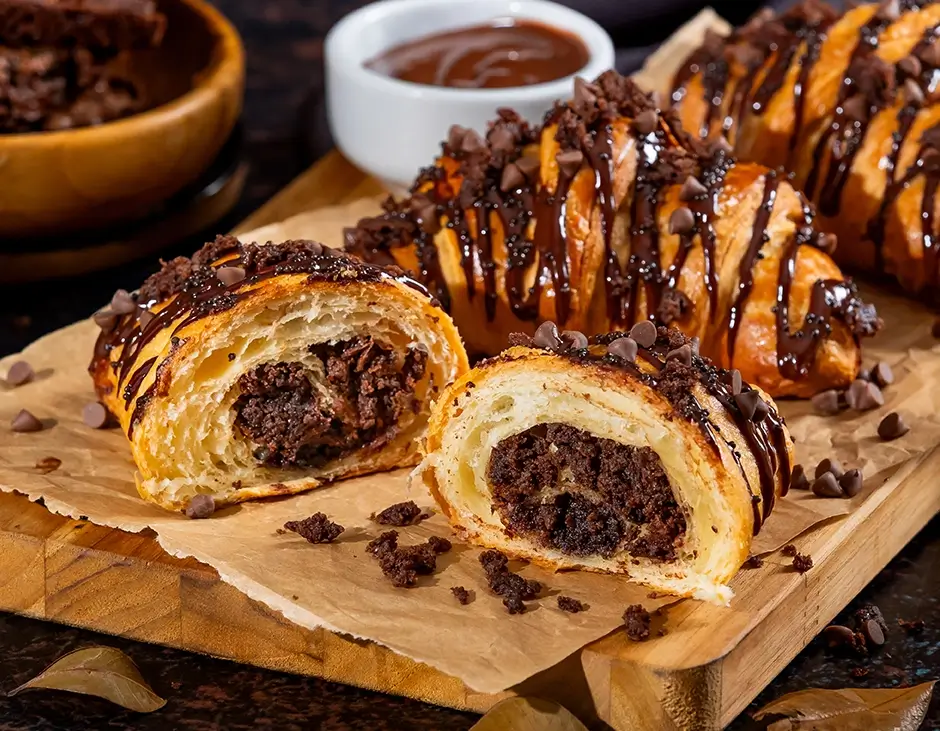 Croissant recheado com pedaços de brownie e coberto com chocolate