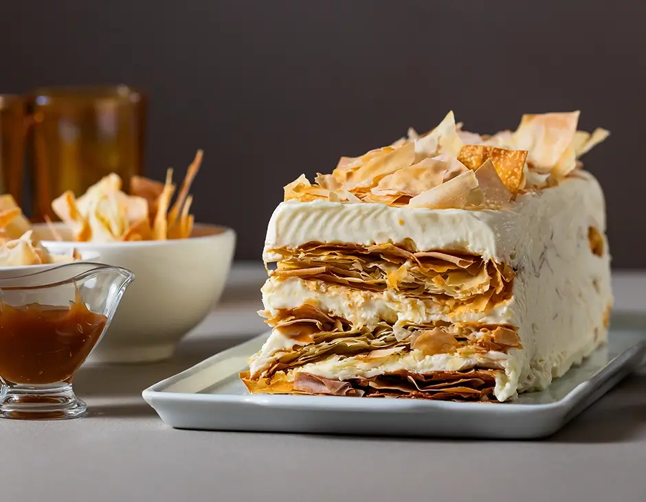 Sobremesa de massa fillo crocante com semifredo de chocolate branco